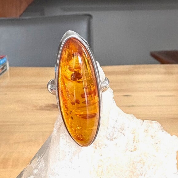 Large Amber & Sterling Silver Statement Ring Artisan Handmade Size 8 - Picture 10 of 16